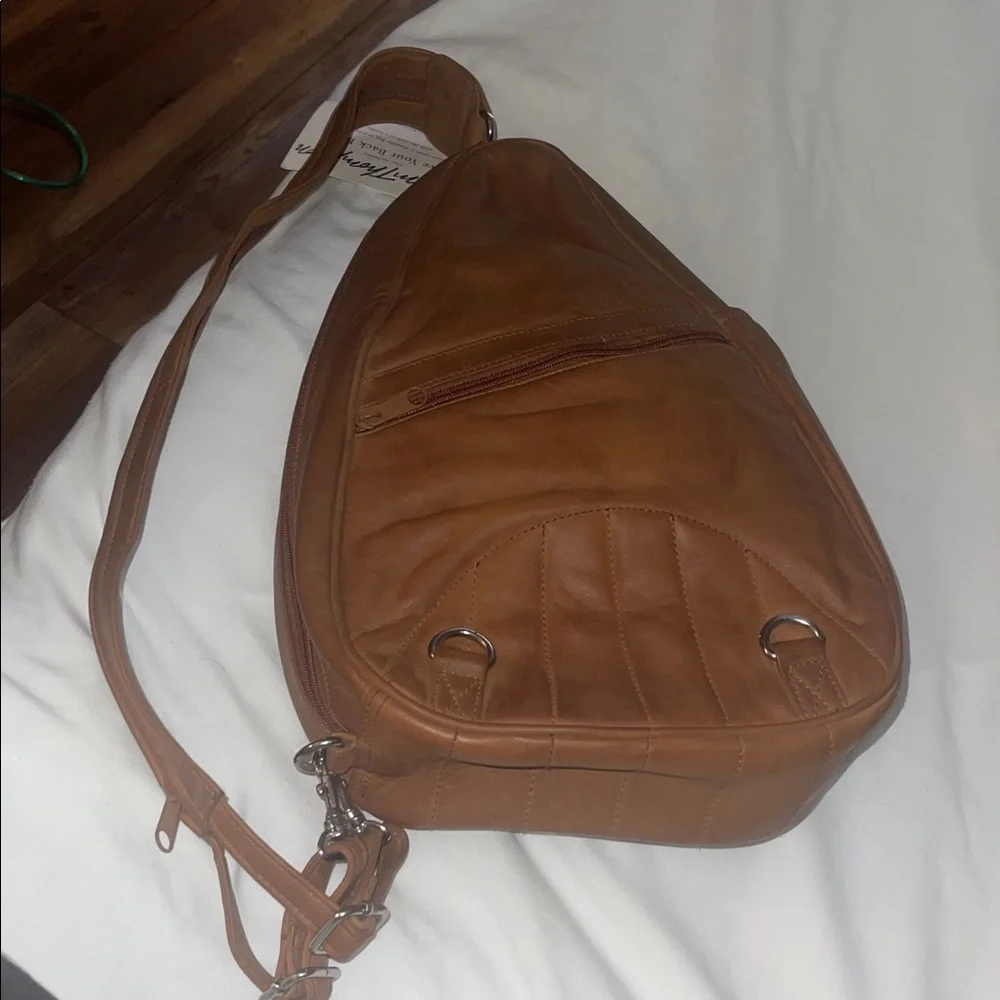 Norm Thompson Brown Leather Sling Shoulder Bag Converts to a Backpack with a Zip
